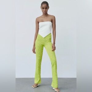 Zara| Neon Green Marbled 70’s Style Wide Leg Pull On Pants, Flare w Slit•••NWT